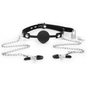 Черный кляп-шарик с зажимами на соски на металлической цепочке - Notabu - купить с доставкой в Йошкар-Оле