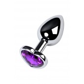 Серебристая коническая анальная пробка с фиолетовым кристаллом-сердечком - 7 см. - ToyFa - купить с доставкой в Йошкар-Оле