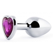 Серебристая анальная пробка с фиолетовым кристаллом-сердечком - 8 см. - Anal Jewelry Plug - купить с доставкой в Йошкар-Оле