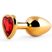 Золотистая анальная пробка с красным стразом-сердечком - 8 см. - Anal Jewelry Plug - купить с доставкой в Йошкар-Оле