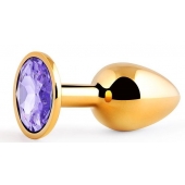 Золотистая анальная пробка с фиолетовым стразом - 7,2 см. - Anal Jewelry Plug - купить с доставкой в Йошкар-Оле