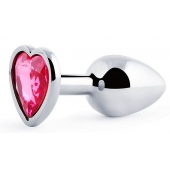 Серебристая анальная пробка с розовым кристаллом-сердечком - 7 см. - Anal Jewelry Plug - купить с доставкой в Йошкар-Оле