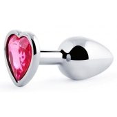 Серебристая анальная пробка с малиновым кристаллом-сердечком - 7 см. - Anal Jewelry Plug - купить с доставкой в Йошкар-Оле
