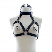 Черная портупея на грудь с кляпом и зажимами для сосков - Notabu - купить с доставкой в Йошкар-Оле