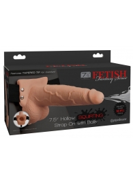 Телесный полый страпон с имитацией эякуляции 7.5  Hollow Squirting Strap-On with Balls Flesh - 21,6 см. - Pipedream - купить с доставкой в Йошкар-Оле