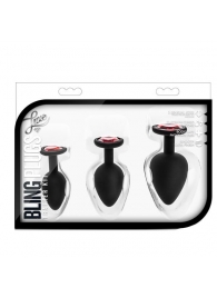 Набор черных анальных пробок с красным кристаллом-сердечком Bling Plugs Training Kit - Blush Novelties - купить с доставкой в Йошкар-Оле