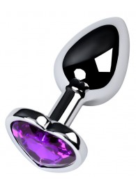 Серебристая коническая анальная пробка с фиолетовым кристаллом-сердечком - 7 см. - ToyFa - купить с доставкой в Йошкар-Оле