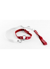 Бело-красный чокер из натуральной кожи с поводком - БДСМ Арсенал - купить с доставкой в Йошкар-Оле