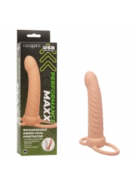 Телесная насадка для двойного проникновения Rechargeable Ribbed Dual Penetrator с вибрацией - California Exotic Novelties - купить с доставкой в Йошкар-Оле