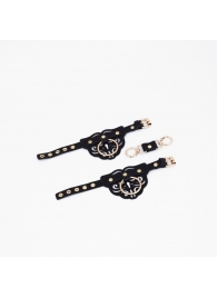 Черные кожаные наручники с клепками, кольцами и золотистой фурнитурой - Crazy Handmade - купить с доставкой в Йошкар-Оле