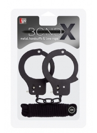 Чёрные наручники из листового металла в комплекте с веревкой BONDX METAL CUFFS LOVE ROPE SET - Dream Toys - купить с доставкой в Йошкар-Оле