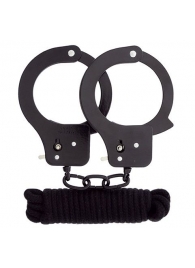 Чёрные наручники из листового металла в комплекте с веревкой BONDX METAL CUFFS LOVE ROPE SET - Dream Toys - купить с доставкой в Йошкар-Оле