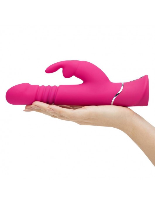 Розовый вибратор Thrusting Realistic Rechargeable Rabbit Vibrator с имитацией толчков - 22,8 см. - Happy Rabbit