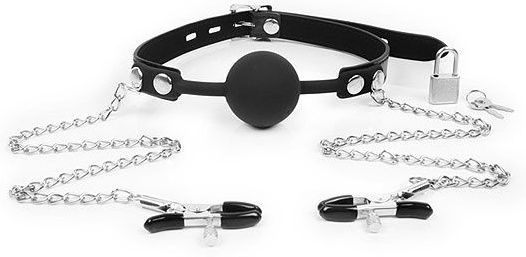 Черный кляп-шарик с зажимами на соски на металлической цепочке - Notabu - купить с доставкой в Йошкар-Оле