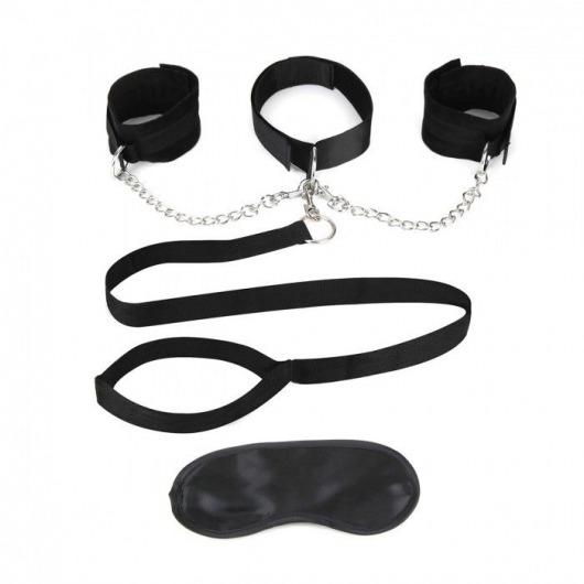 Чёрный ошейник с наручниками и поводком Collar Cuffs   Leash Set - Lux Fetish - купить с доставкой в Йошкар-Оле