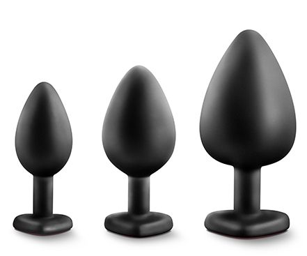 Набор черных анальных пробок с красным кристаллом-сердечком Bling Plugs Training Kit - Blush Novelties - купить с доставкой в Йошкар-Оле