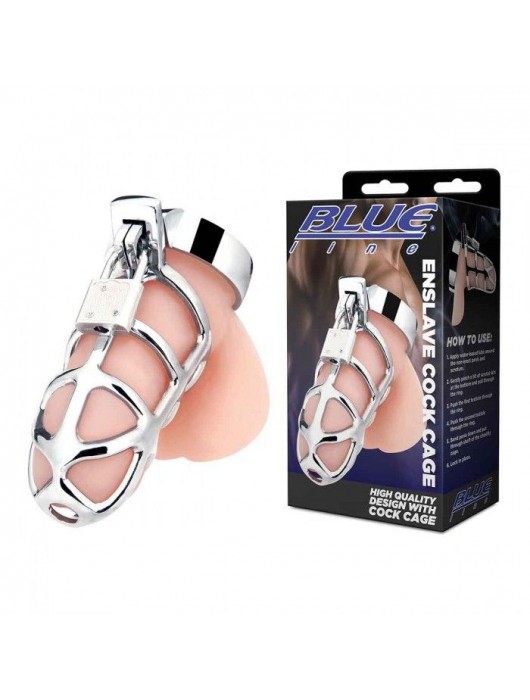 Серебристая металлическая клетка для члена с замком Enslave Cock Cage - BlueLine - купить с доставкой в Йошкар-Оле
