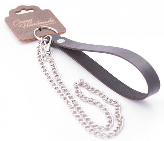 Серебристый металлический поводок с кожаной черной ручкой - 80 см. - Crazy Handmade - купить с доставкой в Йошкар-Оле