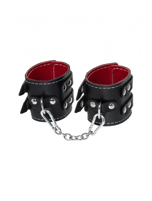 Черные кожаные наручники с двумя ремнями и красной подкладкой - Pecado - купить с доставкой в Йошкар-Оле