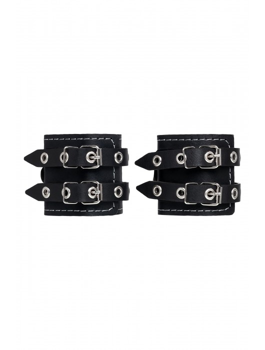 Черные кожаные наручники с двумя ремнями и красной подкладкой - Pecado - купить с доставкой в Йошкар-Оле