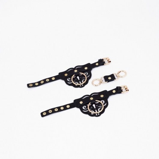 Черные кожаные наручники с клепками, кольцами и золотистой фурнитурой - Crazy Handmade - купить с доставкой в Йошкар-Оле