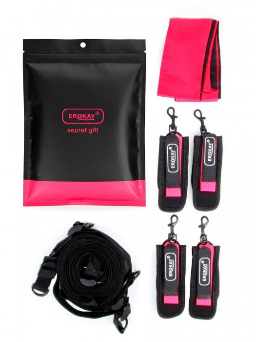 Черно-розовый эротический набор: фиксатор, оковы, наручники, повязка - Erokay - купить с доставкой в Йошкар-Оле