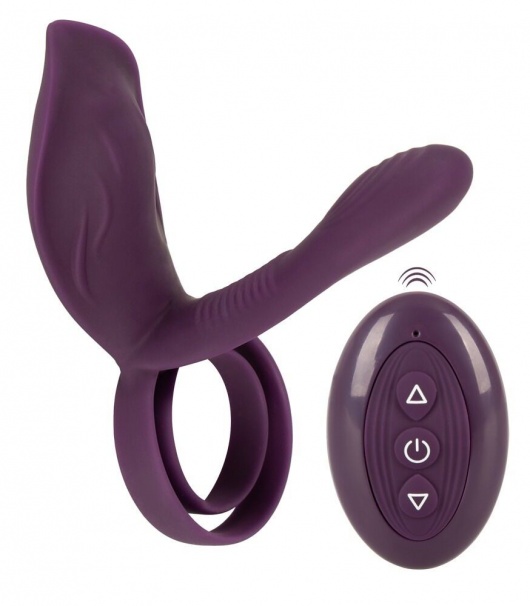 Фиолетовая насадка на член с клиторальным отростком и пультом ДУ RC Couple’s Vibrator 2 - Orion - в Йошкар-Оле купить с доставкой